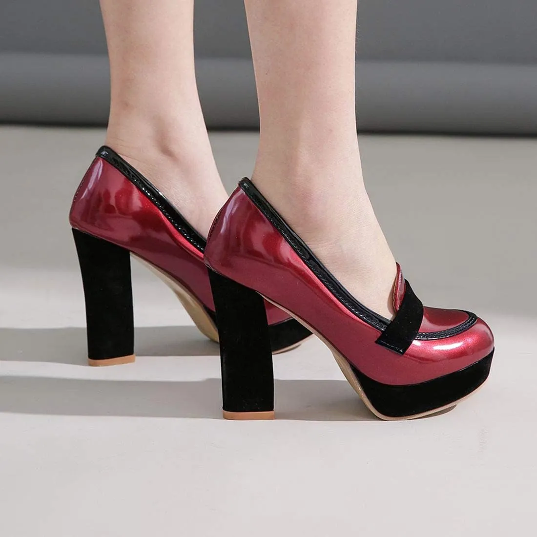 AIMODOR Womens Penny Loafers Patent Platform Chunky High Heel Pumps