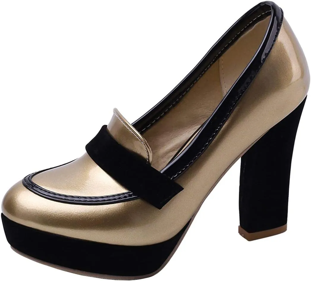 AIMODOR Womens Penny Loafers Patent Platform Chunky High Heel Pumps