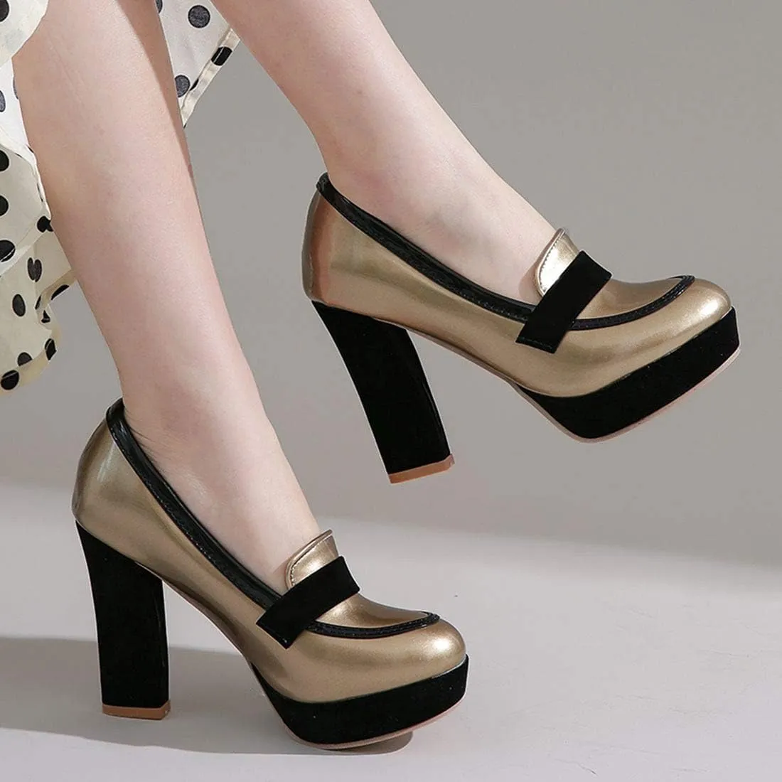 AIMODOR Womens Penny Loafers Patent Platform Chunky High Heel Pumps