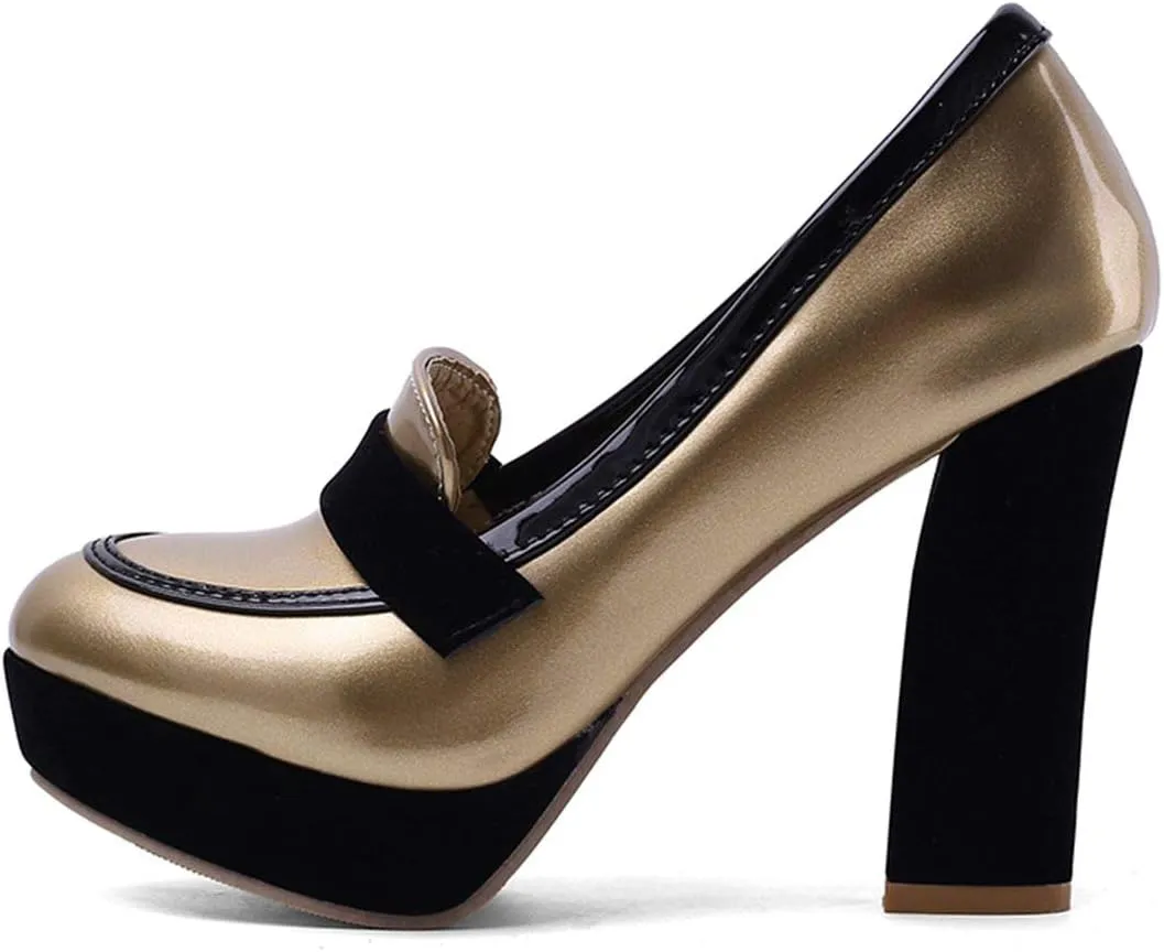 AIMODOR Womens Penny Loafers Patent Platform Chunky High Heel Pumps