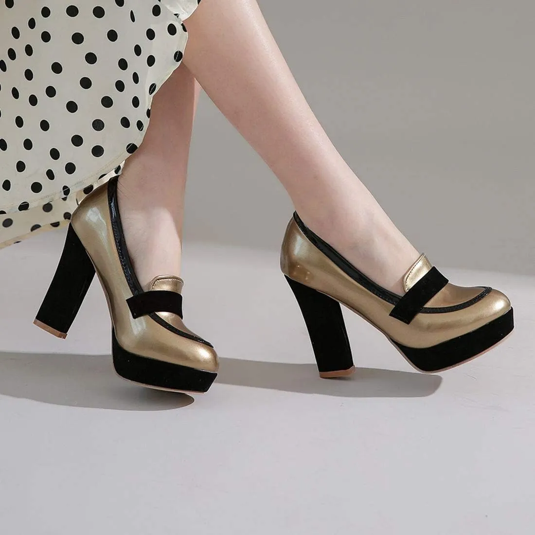 AIMODOR Womens Penny Loafers Patent Platform Chunky High Heel Pumps