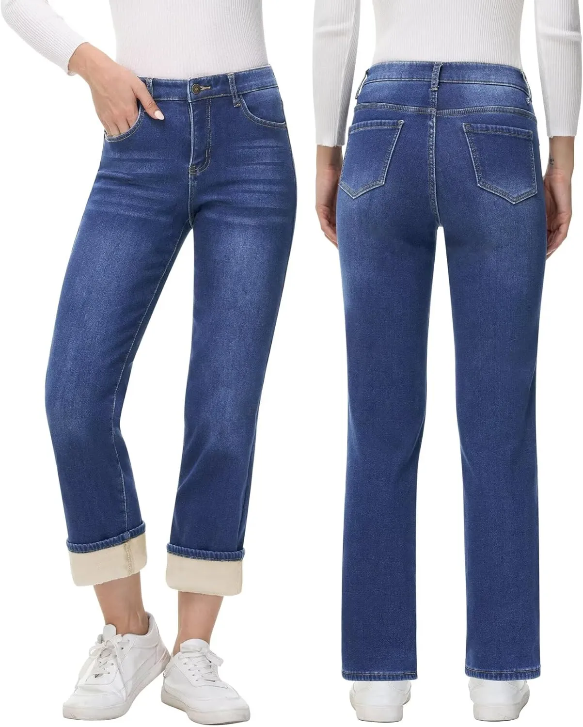 AMRSPENG Women's Fleece Lined Jeans Women Straight Leg Jeans Winter High Waisted Fleece Lined Denim Pants
