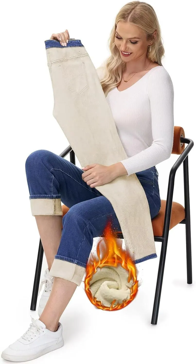 AMRSPENG Women's Fleece Lined Jeans Women Straight Leg Jeans Winter High Waisted Fleece Lined Denim Pants