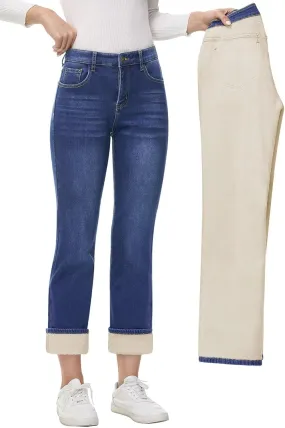 AMRSPENG Women's Fleece Lined Jeans Women Straight Leg Jeans Winter High Waisted Fleece Lined Denim Pants