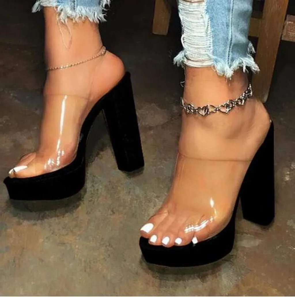 Aniywn Women's Chunky Heel Platform High Heels Shoes Sandals Clear Strappy Open Peep Toe Sandal