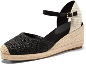 Coutgo Womens Platform Wedge Sandals Espadrilles Raffia Closed Toe Heels Ankle Buckle Strap Summer Beach Shoes