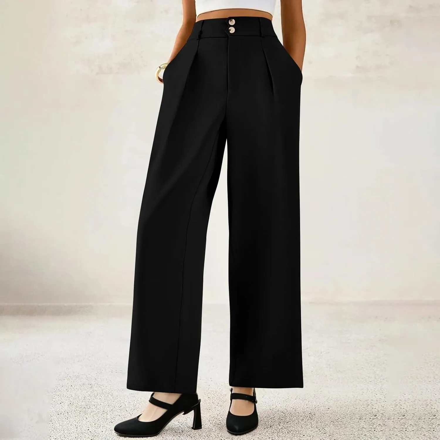 Dress Pants Women Loose Fit High Waisted Formal Wide Leg Trousers Button Flowy Office Business Work Slacks with Pockets
