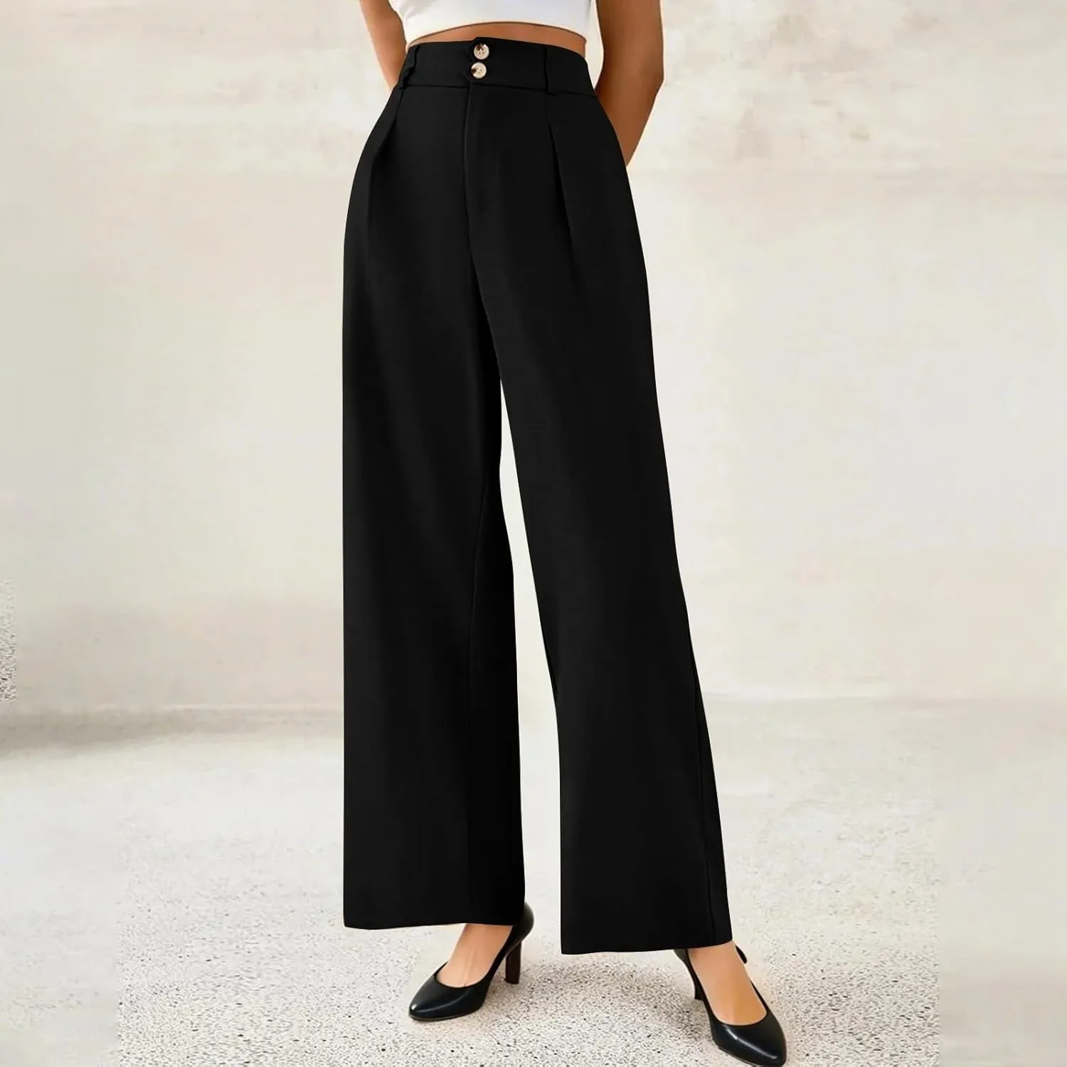 Dress Pants Women Loose Fit High Waisted Formal Wide Leg Trousers Button Flowy Office Business Work Slacks with Pockets