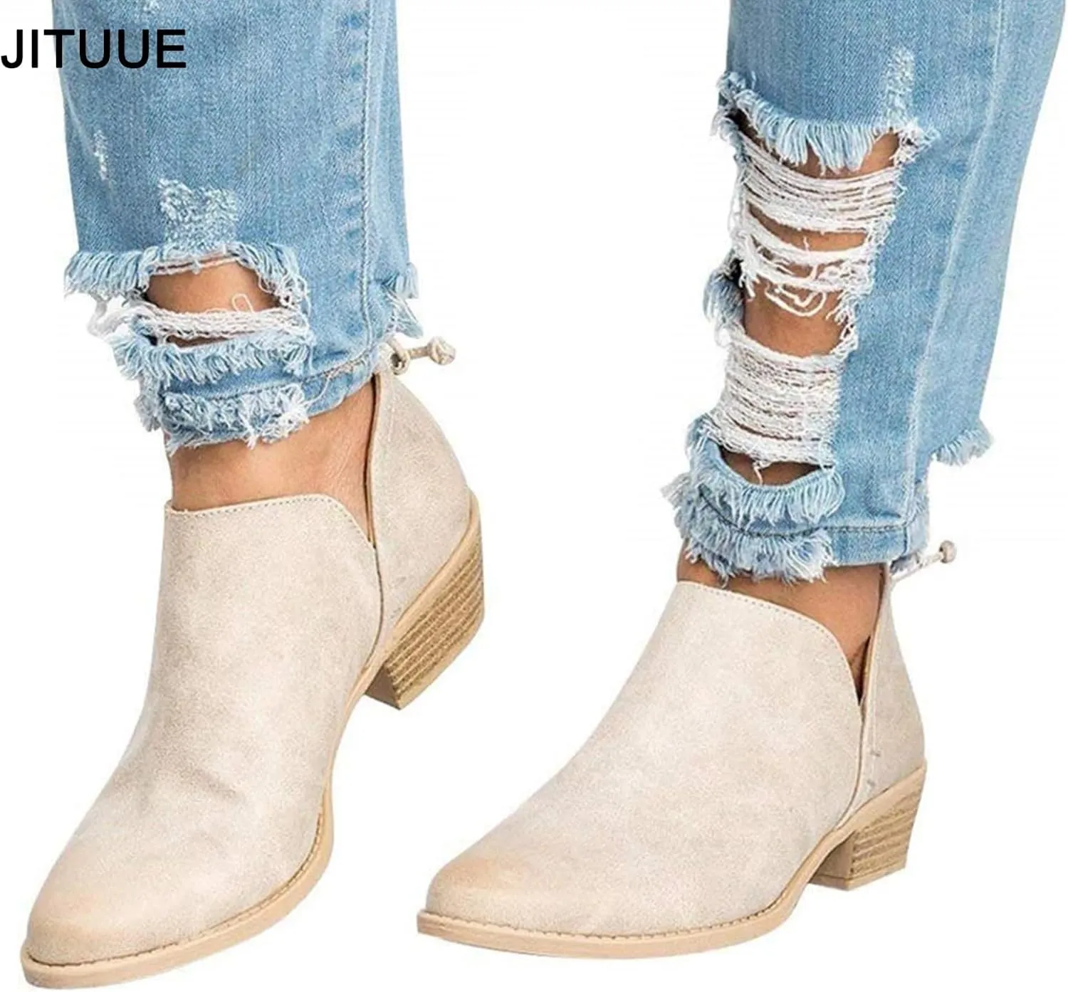JITUUE Ankle Boots for Women Loafers Slip On Shoes Chunky Block Low Heels Office Pointed Toe Booties with Zipper Tassels