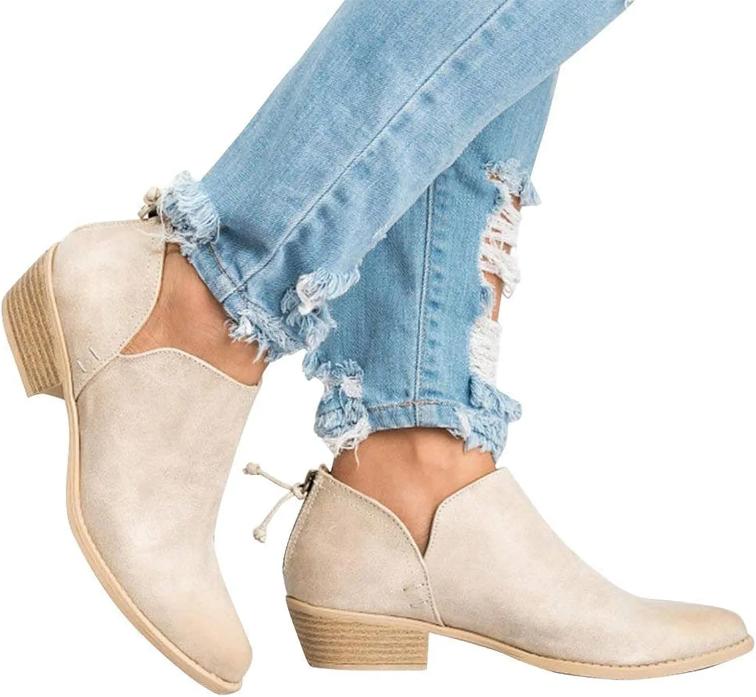 JITUUE Ankle Boots for Women Loafers Slip On Shoes Chunky Block Low Heels Office Pointed Toe Booties with Zipper Tassels