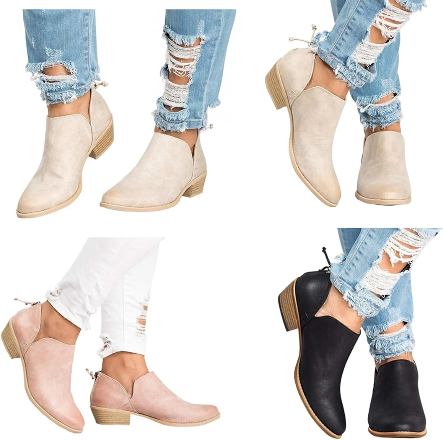 JITUUE Ankle Boots for Women Loafers Slip On Shoes Chunky Block Low Heels Office Pointed Toe Booties with Zipper Tassels