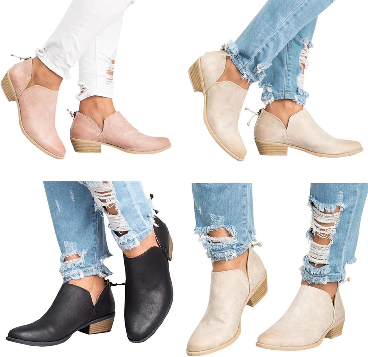 JITUUE Ankle Boots for Women Loafers Slip On Shoes Chunky Block Low Heels Office Pointed Toe Booties with Zipper Tassels
