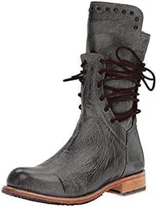 JITUUE Mid Calf Boots for Women Autumn Winter Fashion Block Low Heel Lace up Combat Riding Shoes High Booties Zipper Side Boots