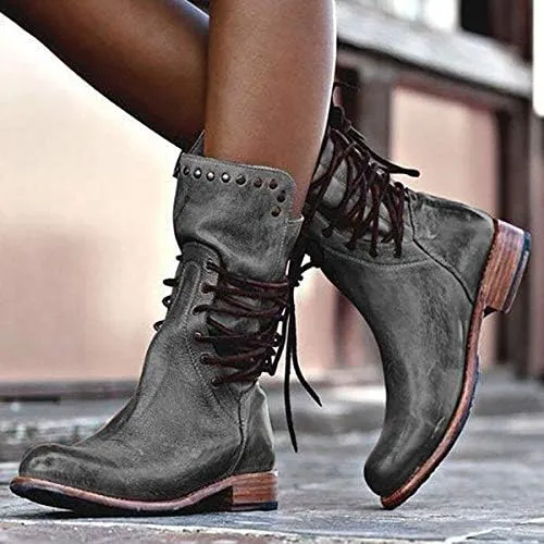 JITUUE Mid Calf Boots for Women Autumn Winter Fashion Block Low Heel Lace up Combat Riding Shoes High Booties Zipper Side Boots