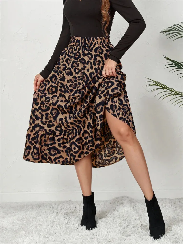 Leopard Print High Waist Casual Boho Long Skirt