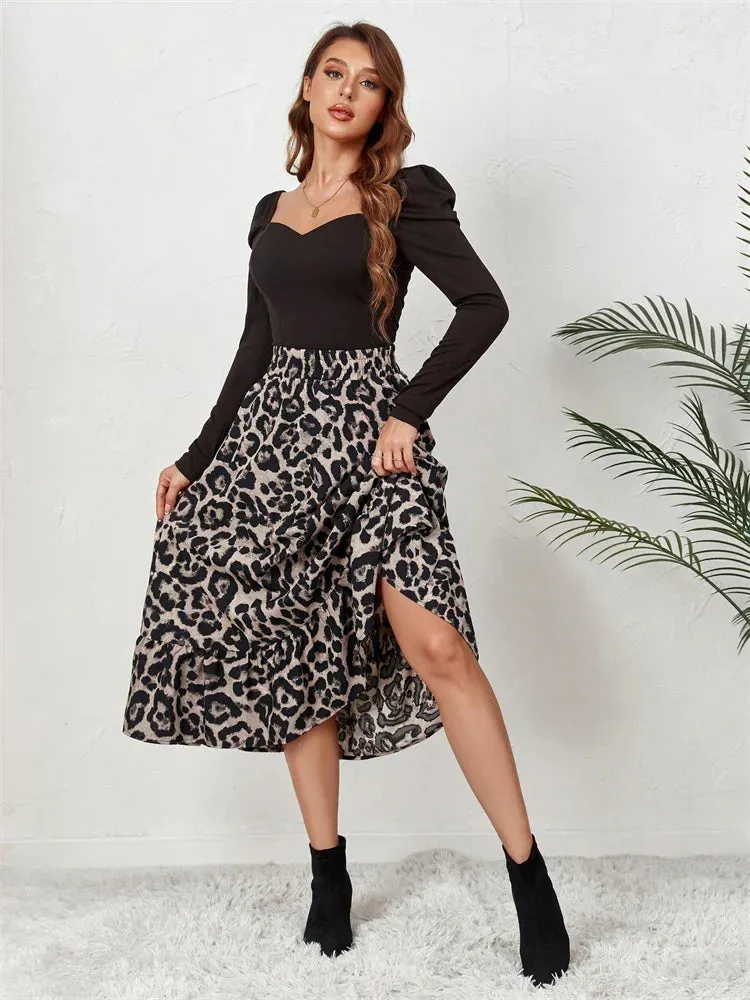 Leopard Print High Waist Casual Boho Long Skirt