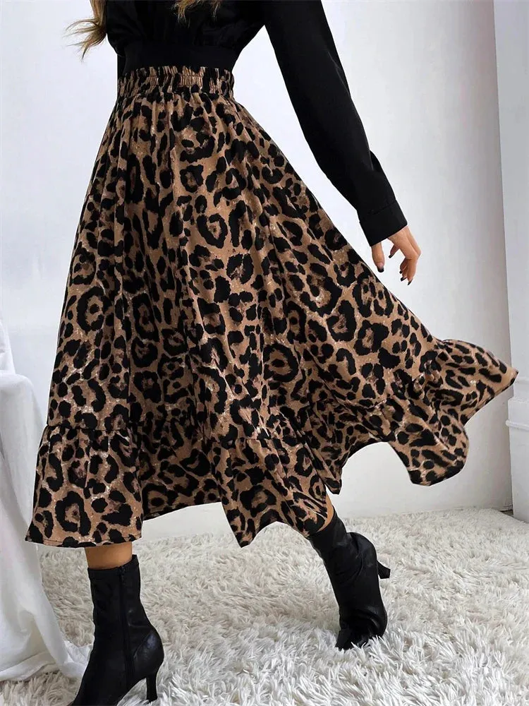 Leopard Print High Waist Casual Boho Long Skirt