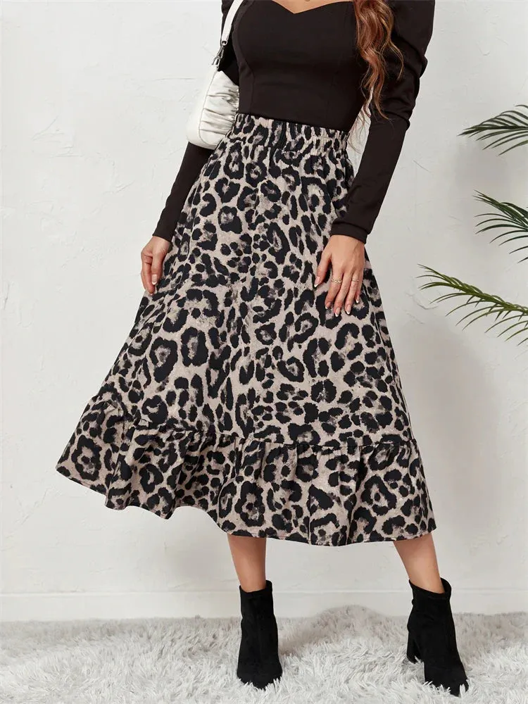 Leopard Print High Waist Casual Boho Long Skirt