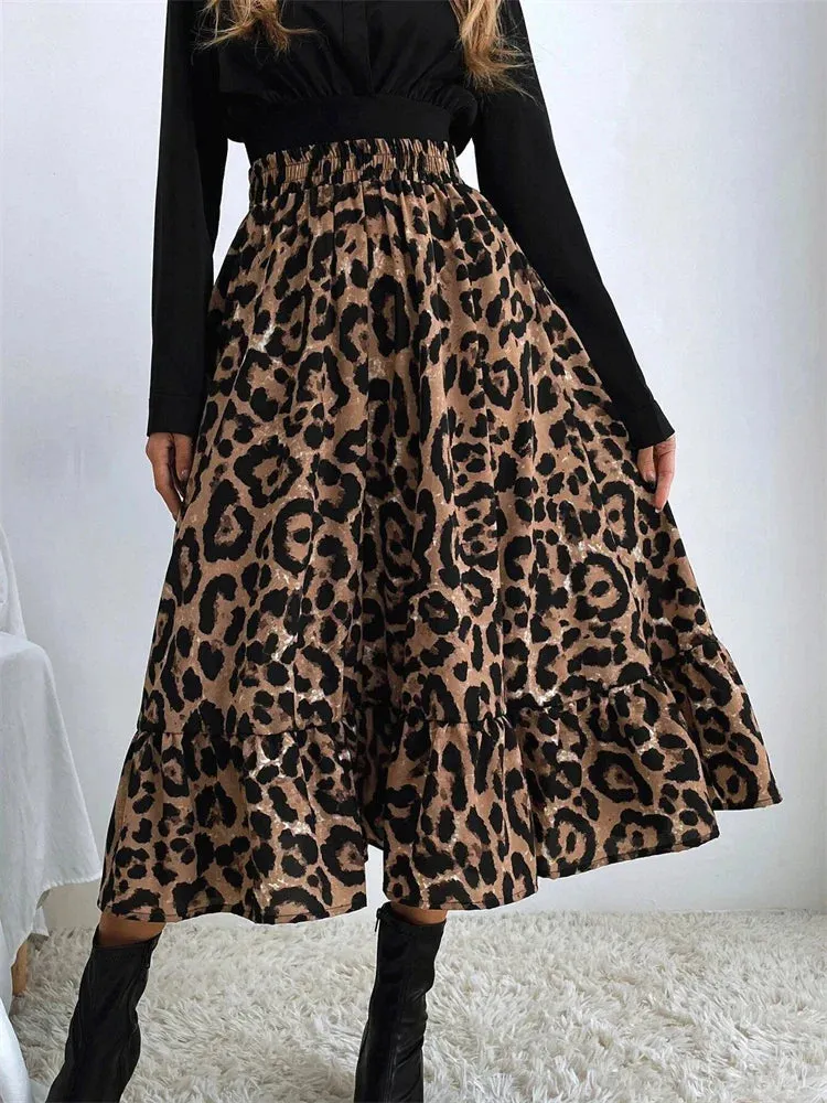 Leopard Print High Waist Casual Boho Long Skirt