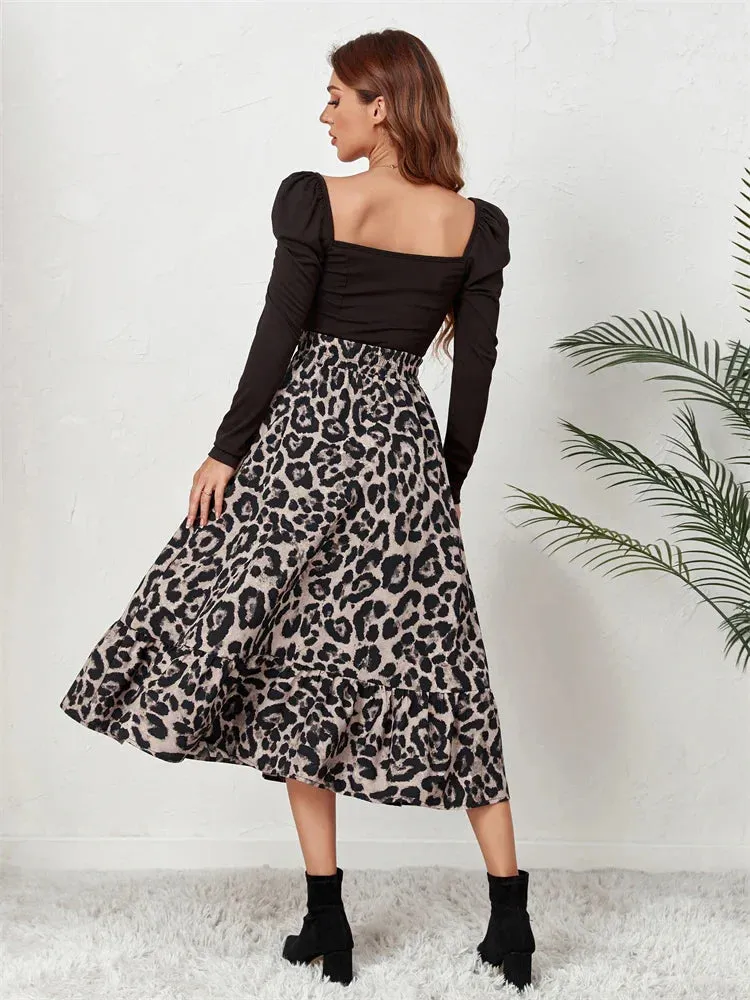 Leopard Print High Waist Casual Boho Long Skirt