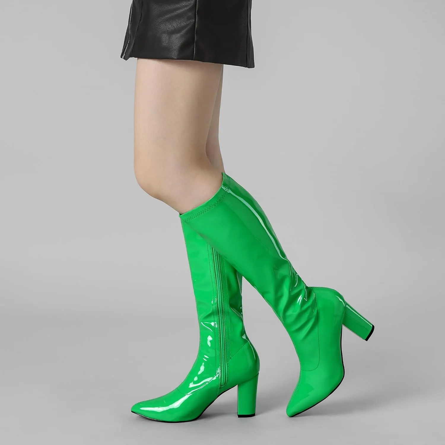 Perphy Go Go Boot Patent Leather Chunky Heels Knee High Boots for Women