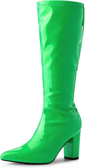 Perphy Go Go Boot Patent Leather Chunky Heels Knee High Boots for Women