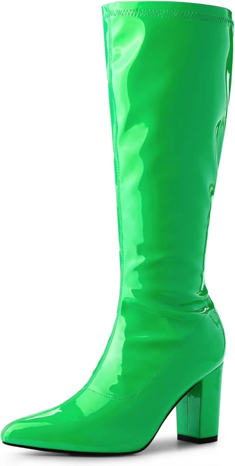 Perphy Go Go Boot Patent Leather Chunky Heels Knee High Boots for Women