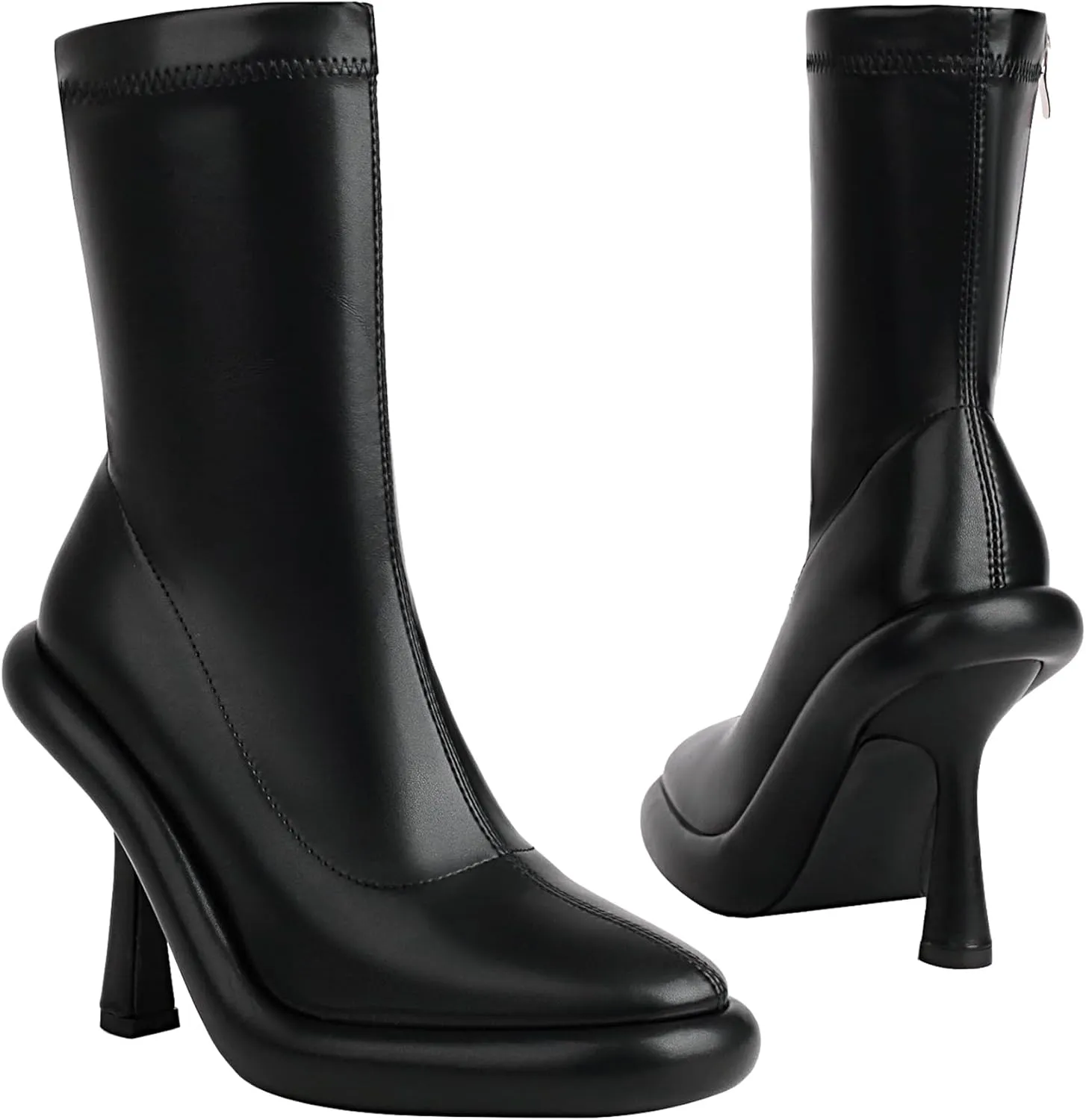 TAEPUSR Women's Platform Boots Stiletto High Heel Mid Calf Boots Elastic Round Toe Ankle Boots with Side Zipper Fashion Party Dress Stretch Boots for Women