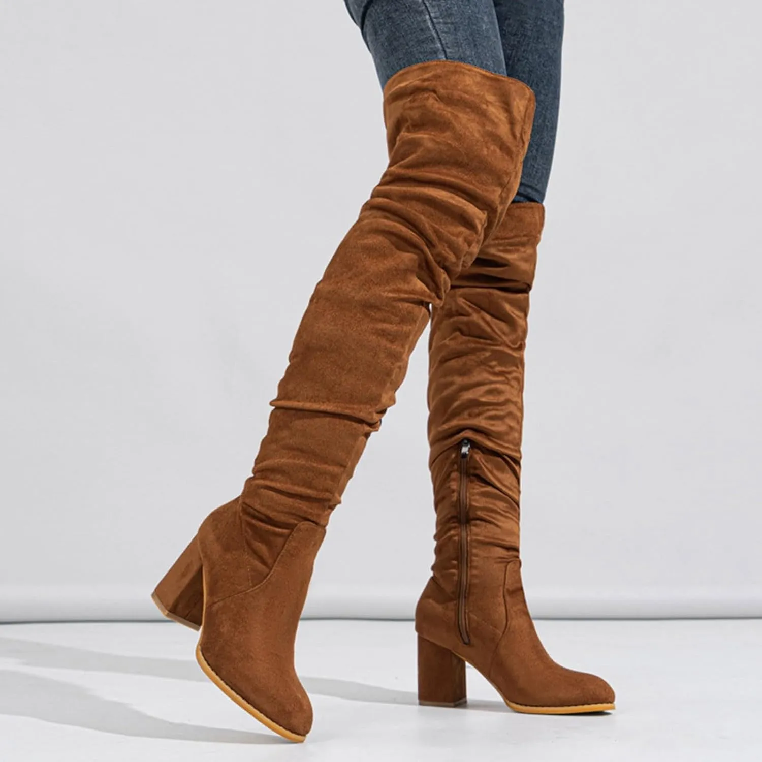 Thigh High Boots for Women Fashion Over The Knee Boots Platform Heels Suede Long Boots Zipper Flat Booties Tall Dress Boots