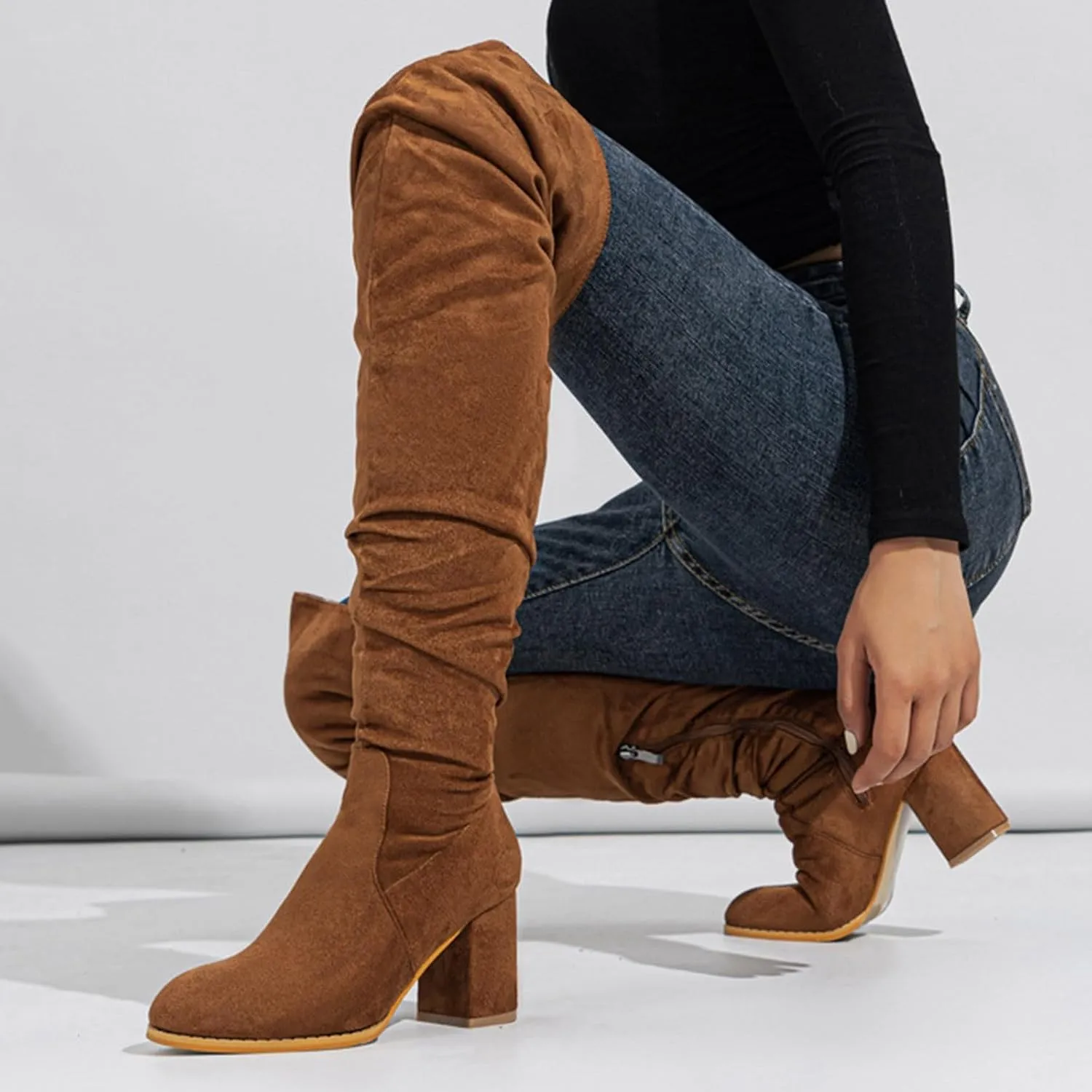 Thigh High Boots for Women Fashion Over The Knee Boots Platform Heels Suede Long Boots Zipper Flat Booties Tall Dress Boots