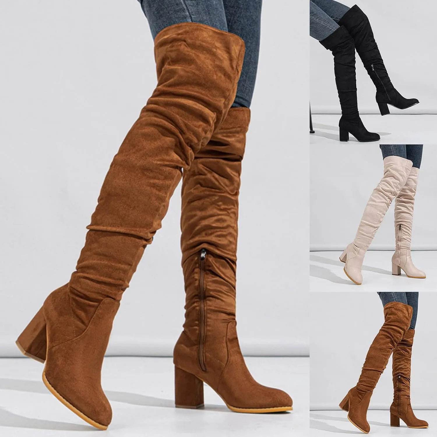 Thigh High Boots for Women Fashion Over The Knee Boots Platform Heels Suede Long Boots Zipper Flat Booties Tall Dress Boots