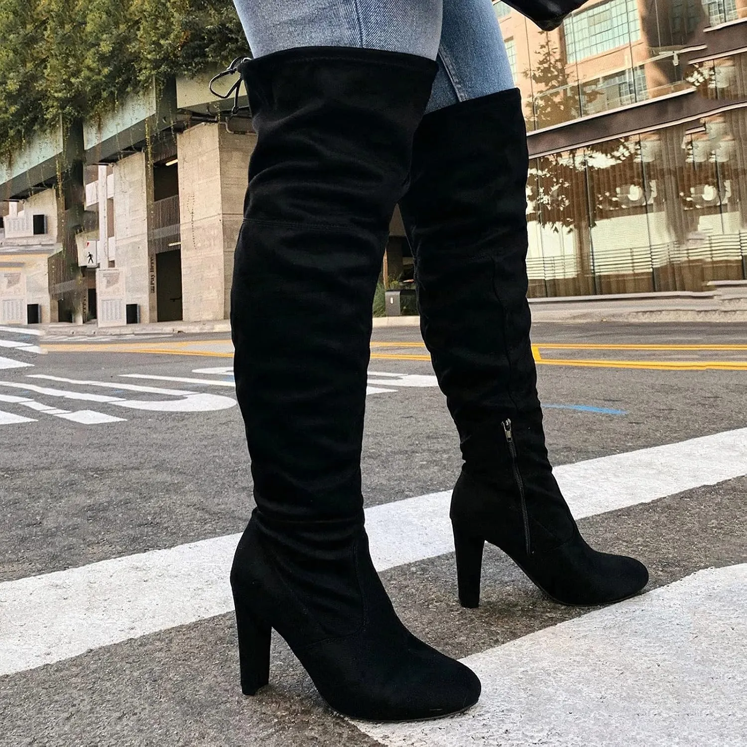 Thigh High Boots for Women Fashion Over The Knee Boots Platform Heels Suede Long Boots Zipper Flat Booties Tall Dress Boots