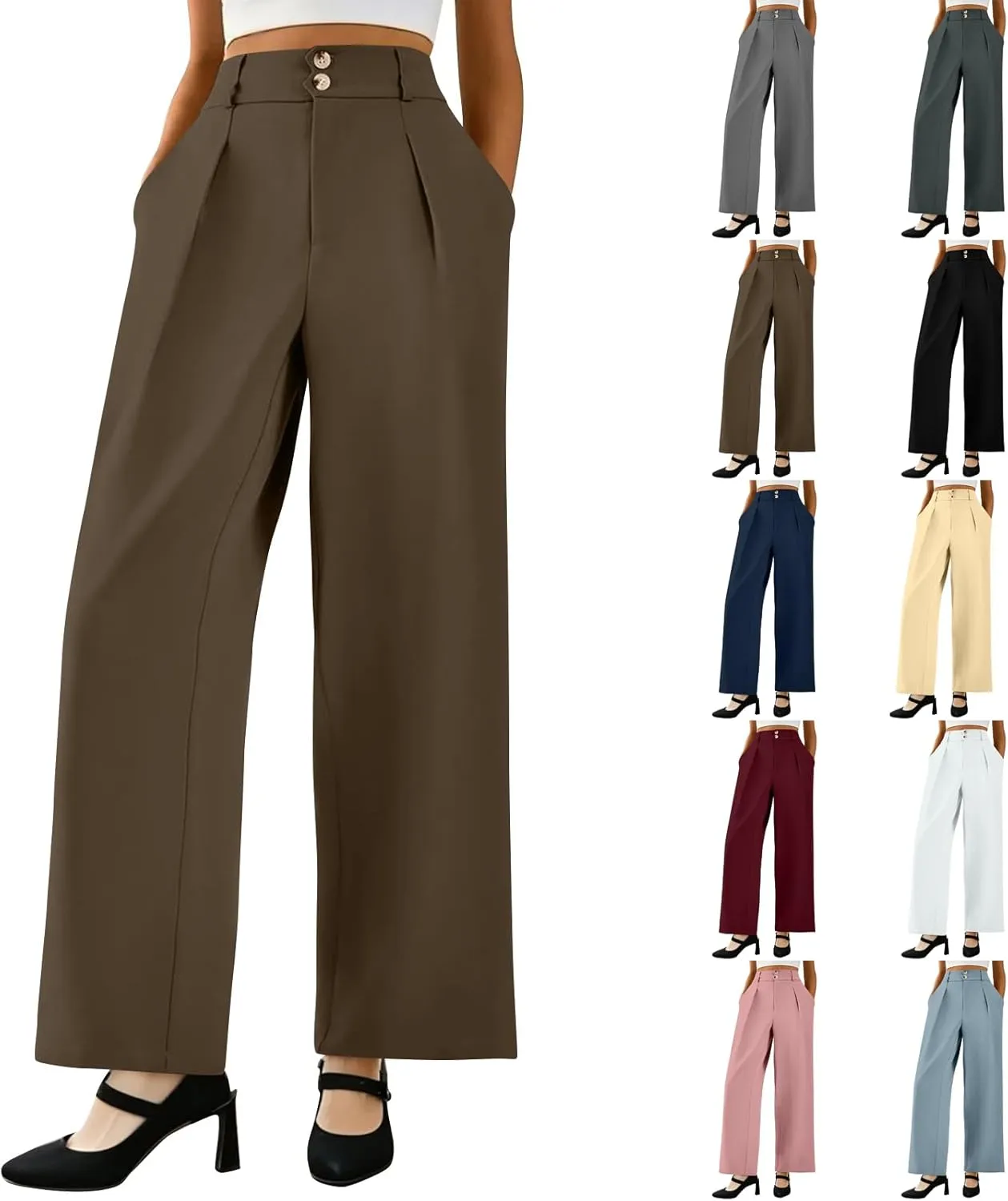 Wide Leg Dress Pants Women Baggy Button High Waisted Palazzo Pants Comfy Flowy Business Casual Slacks with Pockets