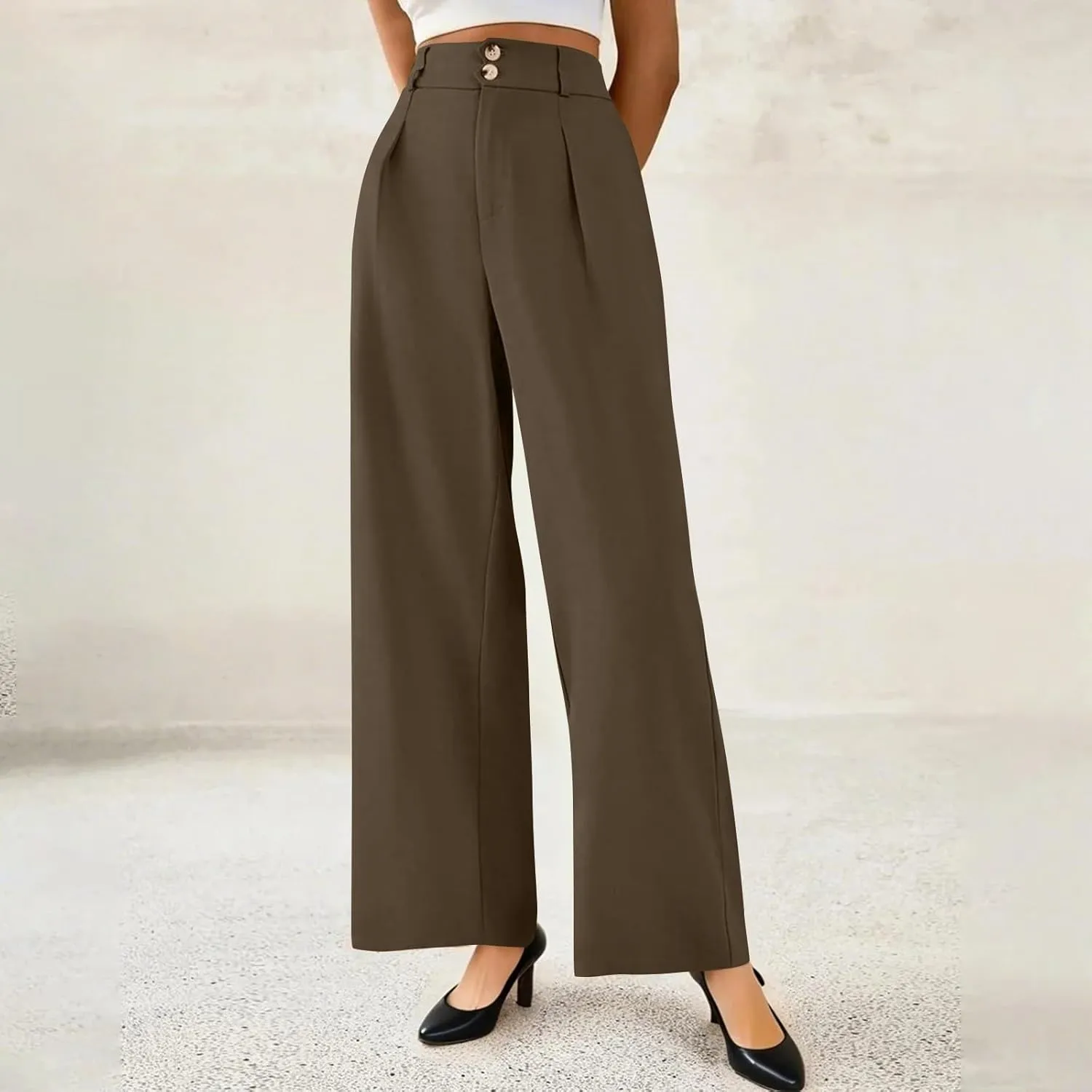Wide Leg Dress Pants Women Baggy Button High Waisted Palazzo Pants Comfy Flowy Business Casual Slacks with Pockets