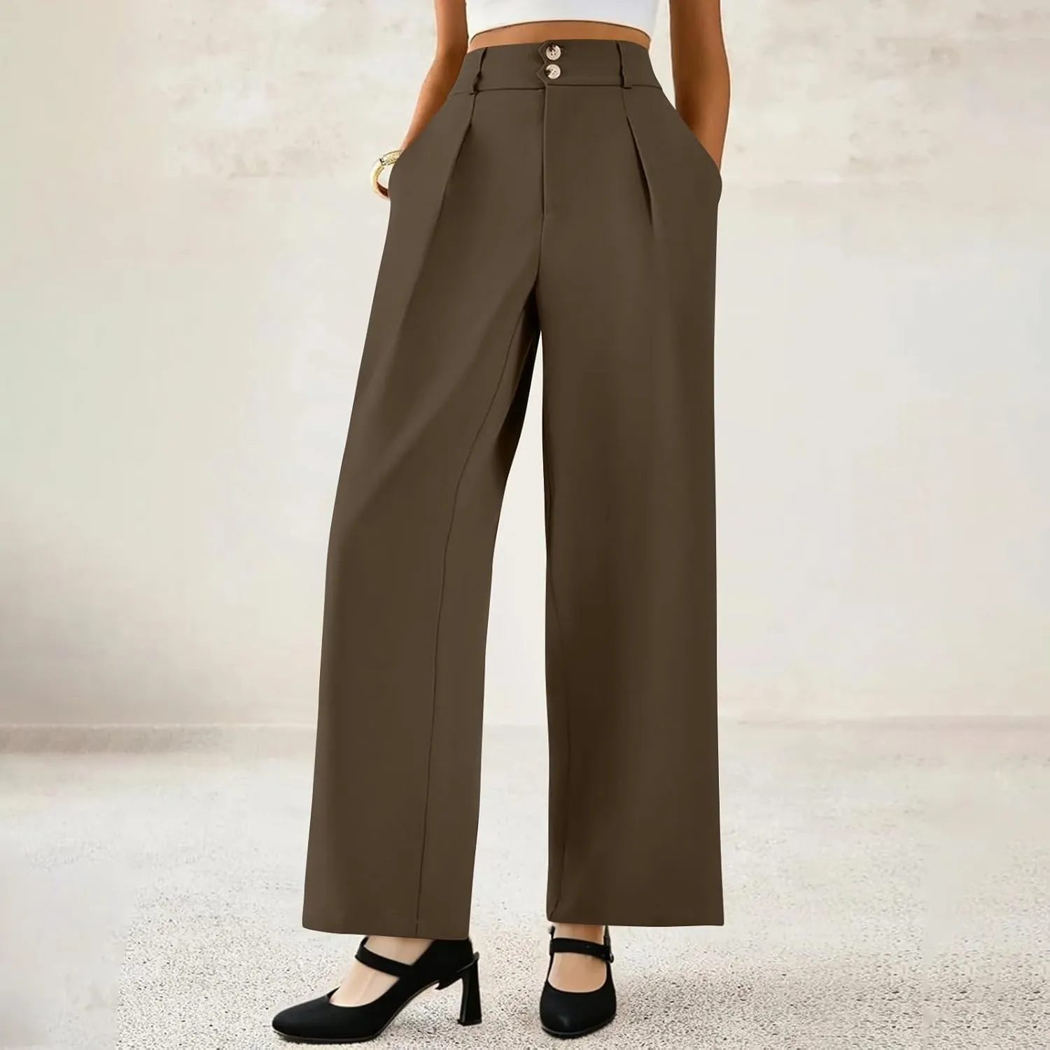 Wide Leg Dress Pants Women Baggy Button High Waisted Palazzo Pants Comfy Flowy Business Casual Slacks with Pockets