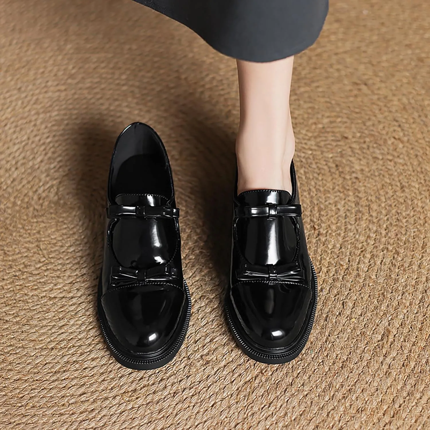 Women's Leather Bow Low Chunky Heel Loafers Fashion Slip-On Round Toe Comfortable Block Heel Dress Pumps for Daily Dating Office