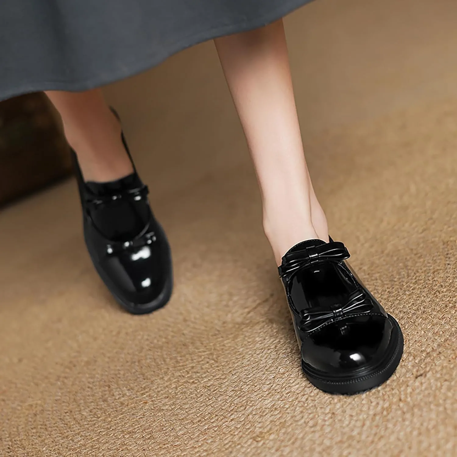 Women's Leather Bow Low Chunky Heel Loafers Fashion Slip-On Round Toe Comfortable Block Heel Dress Pumps for Daily Dating Office