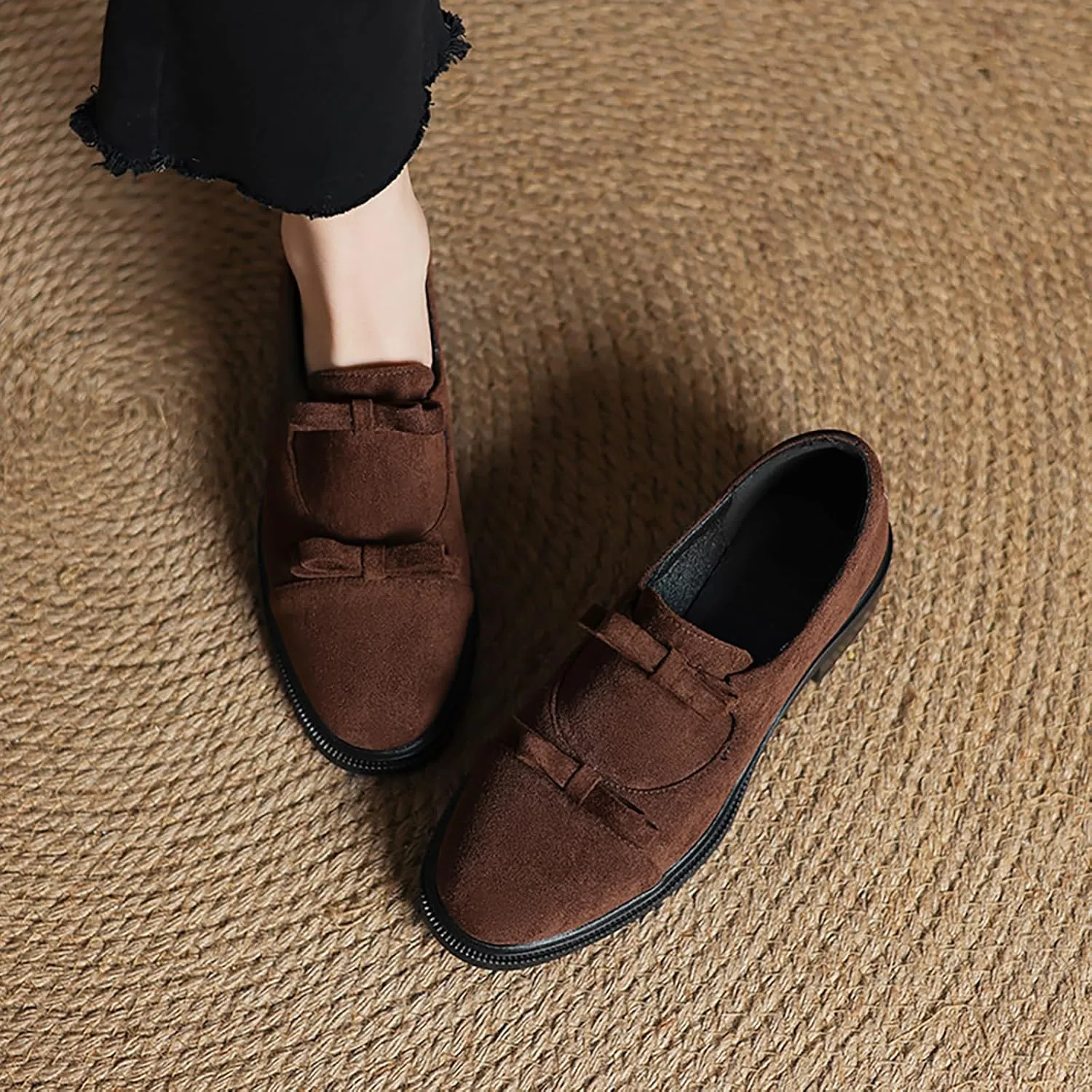 Women's Leather Bow Low Chunky Heel Loafers Fashion Slip-On Round Toe Comfortable Block Heel Dress Pumps for Daily Dating Office