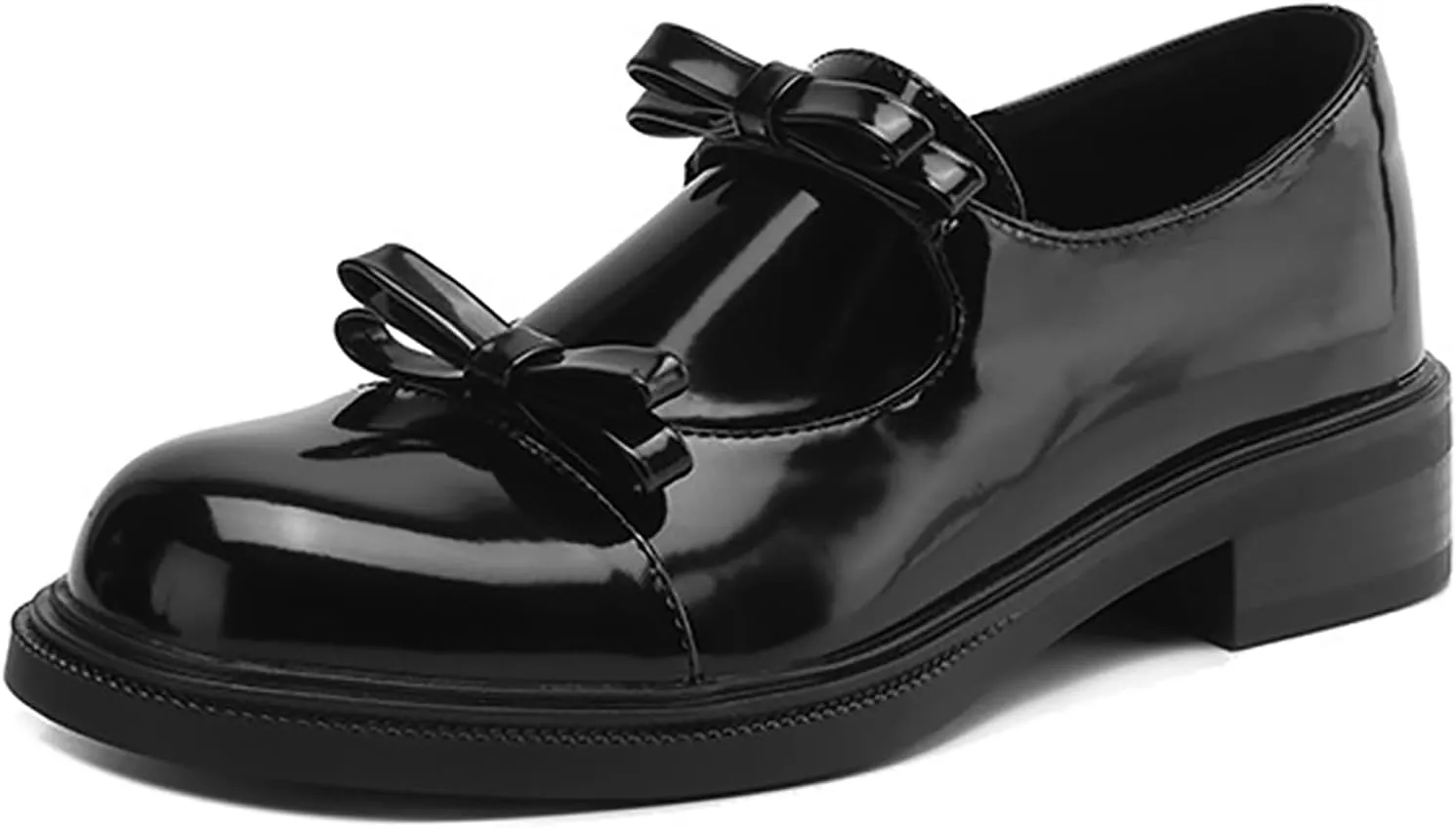 Women's Leather Bow Low Chunky Heel Loafers Fashion Slip-On Round Toe Comfortable Block Heel Dress Pumps for Daily Dating Office