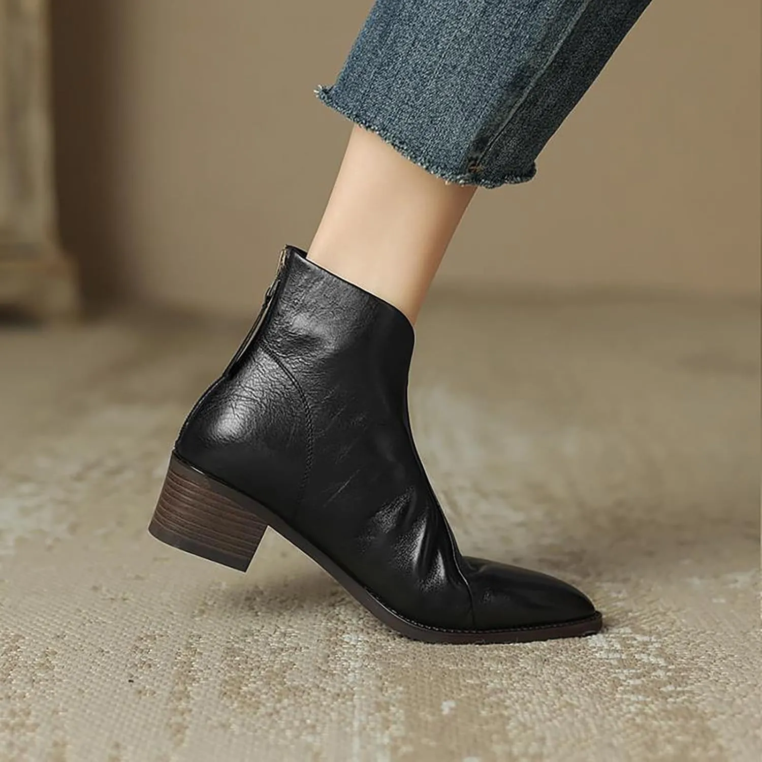 Women's Pointed Toe Chunky Stacked Low Heel Ankle Boots Fashion V-Cut Back Zip Western Ankle Boots Warm Fur Lined Genuine Leather Dress Booties