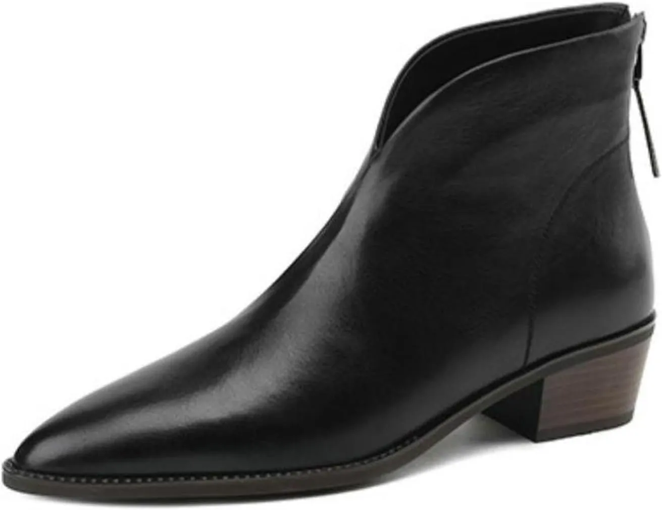 Women's Pointed Toe Chunky Stacked Low Heel Ankle Boots Fashion V-Cut Back Zip Western Ankle Boots Warm Fur Lined Genuine Leather Dress Booties