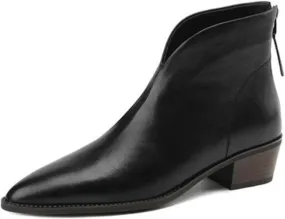 Women's Pointed Toe Chunky Stacked Low Heel Ankle Boots Fashion V-Cut Back Zip Western Ankle Boots Warm Fur Lined Genuine Leather Dress Booties