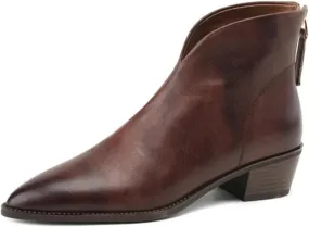 Women's Pointed Toe Chunky Stacked Low Heel Ankle Boots Fashion V-Cut Back Zip Western Ankle Boots Warm Fur Lined Genuine Leather Dress Booties