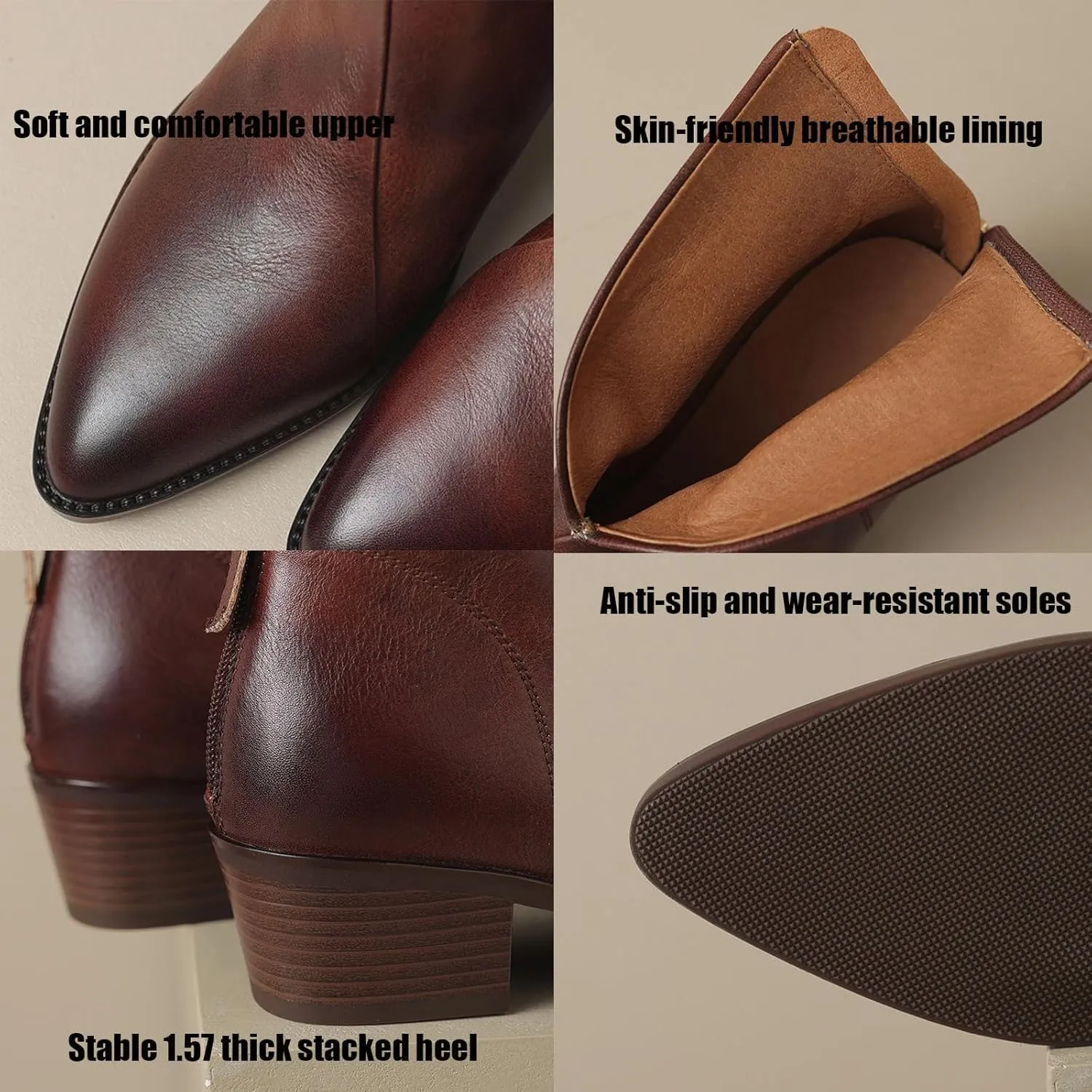 Women's Pointed Toe Chunky Stacked Low Heel Ankle Boots Fashion V-Cut Back Zip Western Ankle Boots Warm Fur Lined Genuine Leather Dress Booties