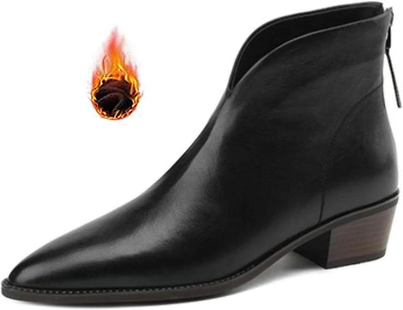 Women's Pointed Toe Chunky Stacked Low Heel Ankle Boots Fashion V-Cut Back Zip Western Ankle Boots Warm Fur Lined Genuine Leather Dress Booties