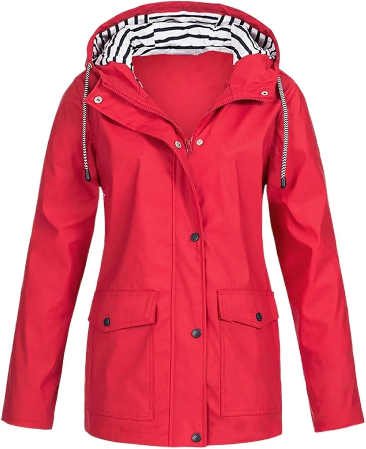 Womens Rain Jacket with Hood 2024 Fall Waterproof Plus Size Stripe Lined Zipper Lightweight Windbreaker Outdoor Coat