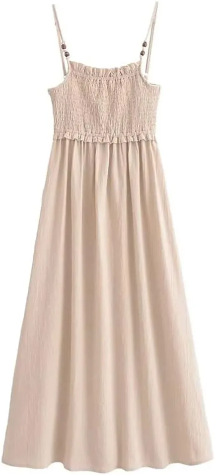 Women's Spaghetti Sleeveless Strap Slim Folds Strap Dress Casual Beach Dresses