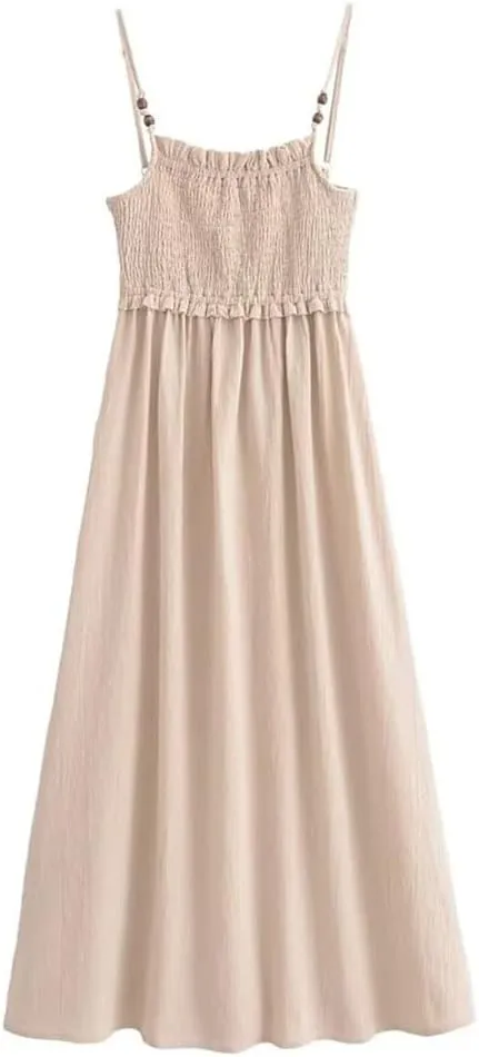 Women's Spaghetti Sleeveless Strap Slim Folds Strap Dress Casual Beach Dresses