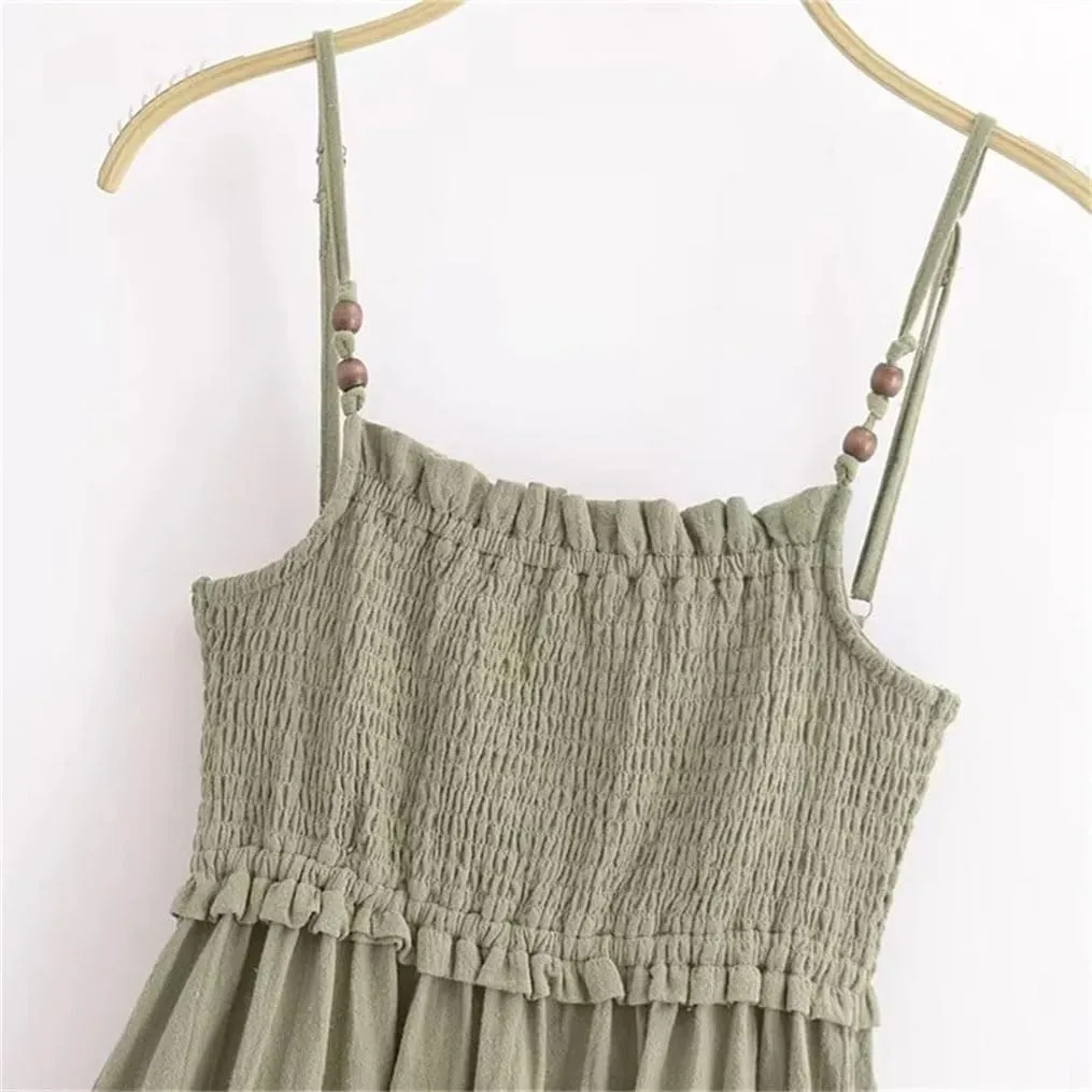 Women's Spaghetti Sleeveless Strap Slim Folds Strap Dress Casual Beach Dresses