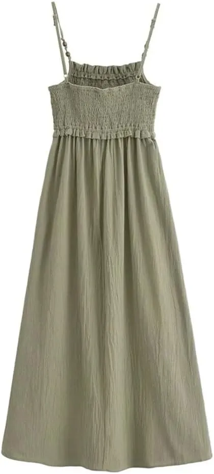 Women's Spaghetti Sleeveless Strap Slim Folds Strap Dress Casual Beach Dresses